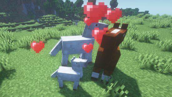 Как да отглеждаме коне на Minecraft: Двама възрастни коня Minecraft влизат в режим на любов, тъй като до тях се появява жребче