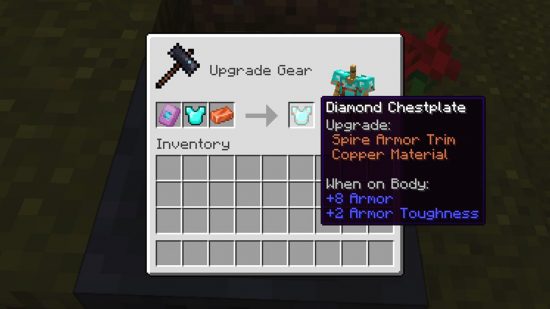 Minecraft armor trims: The Smithing table recipe for a diamond chestplate with a copper spire trim