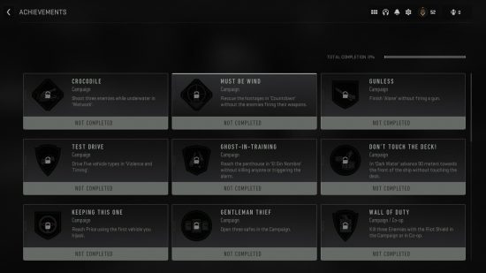 Modern Warfare 2 Logros: la pantalla de logros en MW2 que muestra los primeros nueve logros disponibles