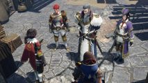 Monster Hunter Rise Sunbreak update: A group of hunters in ornate gold and white armour stands in a city square talking with an older man who looks like an officer, he has a long grey beard and wears a fur-trimmed cloak, with a sword sheathed at his side