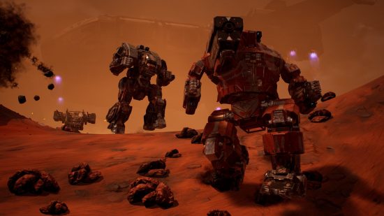 New Mechwarrior single-player game: Three large red-painted mechs set out on a red-hued planet surface, with a massive dropship visible through the haze on the horizon