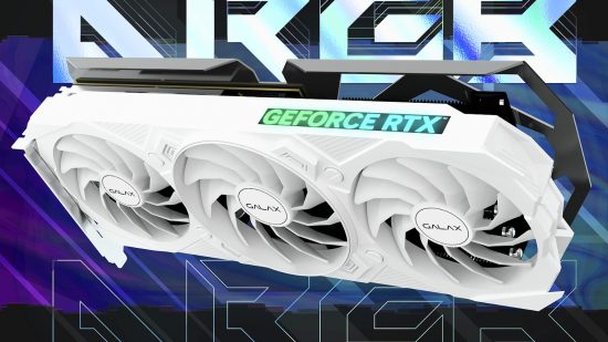 Galax RTX 4070 Ti graphics card with blue tin backdrop and out of frame background text