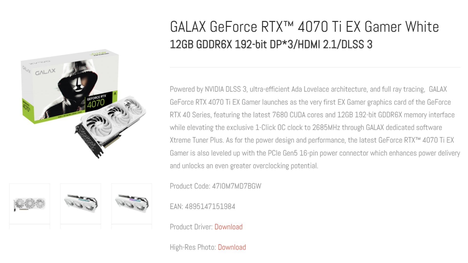 Galax RTX 4070 box with white GPU on right and description 
