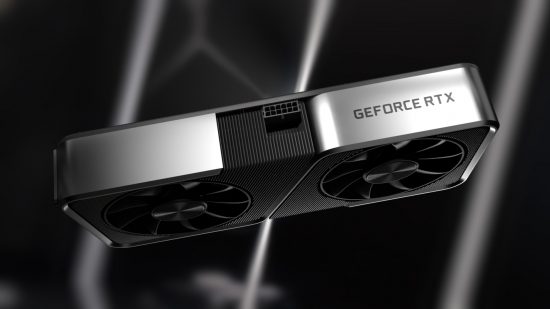 An Nvidia GeForce RTX Founders Edition graphics card, floating against a black-grey background