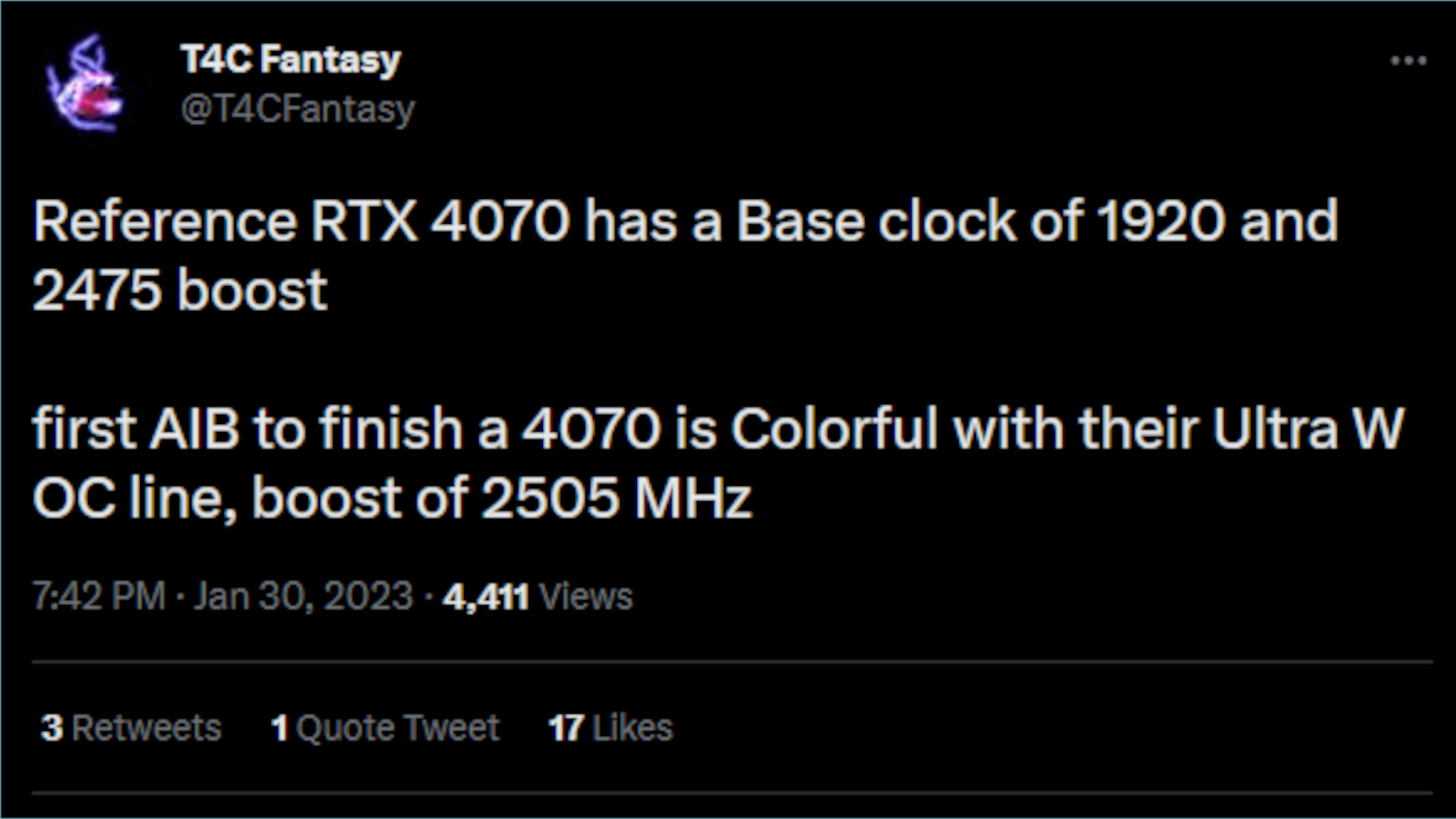 A screenshot from Twitter, detailing potential RTX 4070 clock speeds
