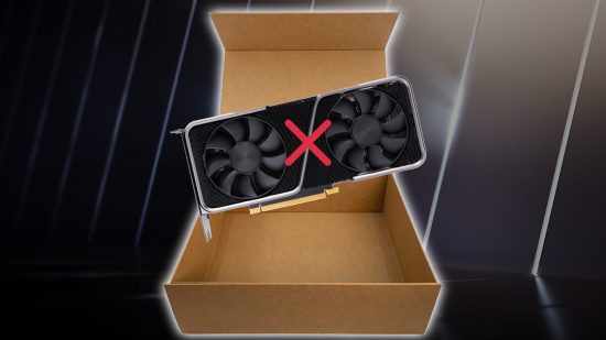 Nvidia RTX 4070: cardboard box with GeForce GPU in front with red cross