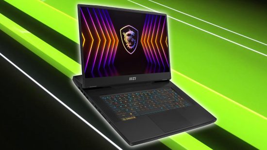 MSI Tatan gaming laptop with RTX 4090 green and black branded backdrop