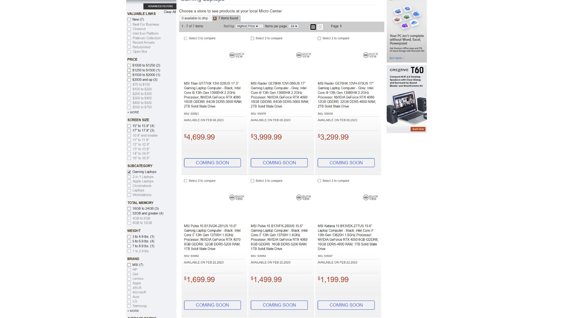 Lijst met Microcenter MSI RTX 4000 gaming-laptops met specificaties, prijs en modelnamen