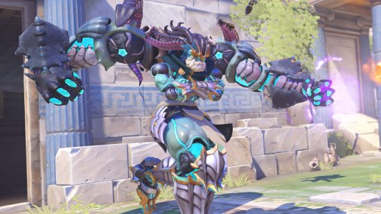 Overwatch 2 god abilities: Ramattra, re-styled as the Greek god Poseidon, has a crown topped with tentacles and a bushy white beard