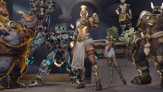 Overwatch 2 Battle for Olympus: Junker Queen dressed as Zeus, surrounded by heroes in Greek god costumes
