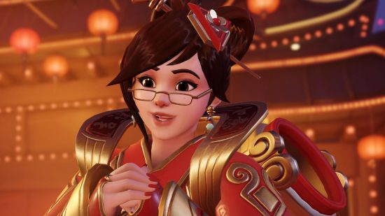 Overwatch 2 Lunar New Year event: Mei in one of her previous Lunar New Year skins, an ornate red dress with gold trim, which is likely to become available in the shop for the Year of the Rabbit.