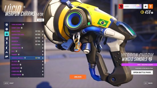 Overwatch 2's in-game shop, showing the Winged Sandals weapon charm for 700 coins but with a note saying it is "available in the battle pass"