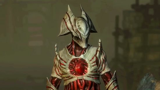 Path of Exile Sanctum league - an armour set with a face-covering mask and a decorative heart on the chestplate