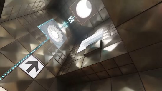 Portal Prelude mod gets RTX: Light shines off the metal siding of a duct in Portal, with an arrow pointing along a blue lighted line toward a bright exit