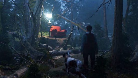 A young person looks at a red chair in the forest with a dog by his side in Prologue.