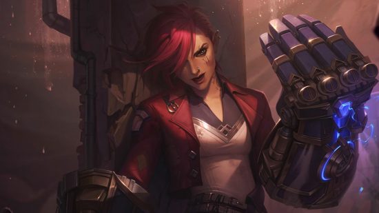 Riot Games confirms layoff of 46 staff members as result of "shifts": A woman with pink hair shaved at the site wearing a red leather jacket and white shirt sits on a chair with a huge metallic gauntlet beckoning people in