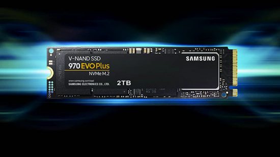 Samsung Evo 970 Plus SSD on blue and black backdrop