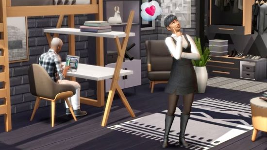 Sims 4 cheats: One sim sits on their laptio, while another thinks, a heart appearing above her head.