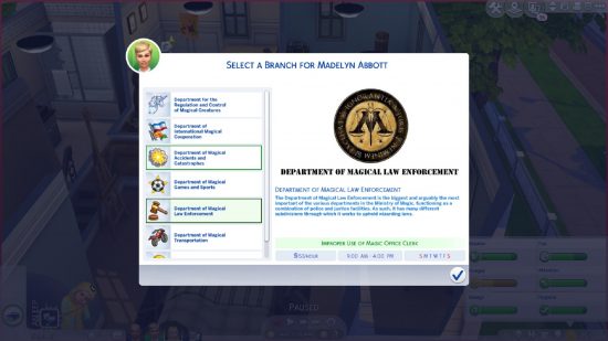 Sims 4 Mods: Magic Carrera, se muestra una lista de opciones de trabajo