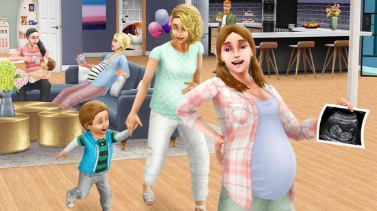 A pregnant Sim holds up a sonogram of her baby, while another behind her leads a toddler by the hand.