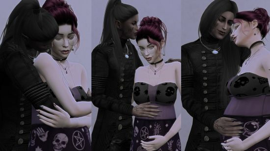 Sims 4 Sex Mods: Dlhšie kratšie tehotenstvo, pár stojí v objatí na troch samostatných obrázkoch, z ktorých každý má jednu ženu v rôznych štádiách tehotenstva