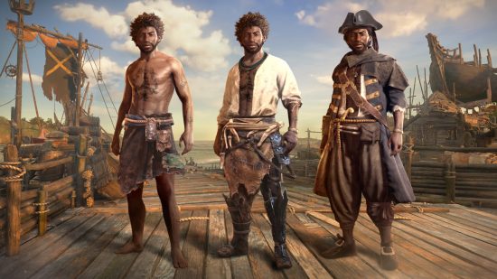 Skull and Bones gameplay video: Three versions of the same pirate stand on a dock, one stripped to the waist and wearing rags, the middle one wearing a deck hand's garb with armoured leggings, and the third wearing a pirate captain's attire, complete with tricorn hat