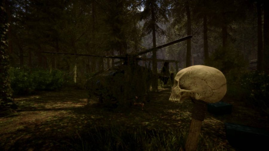 Sons of the Forest: A skull sits on the ground next to a helicopter in a dark woodland area