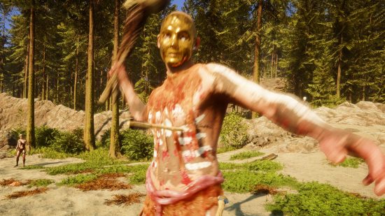 Sons of the Forest has Fallout style AI companions, including a mutant, An enemy with a face mask and a club attacks the player in horror game Sons of the Forest