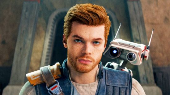 Star Wars Jedi Survivor’s Cal Kestis wants a game non-fans can enjoy. A Jedi with red hair, Cal Kestis from Jedi Survivor, stares into the camera with a robotic companion on their shoulder