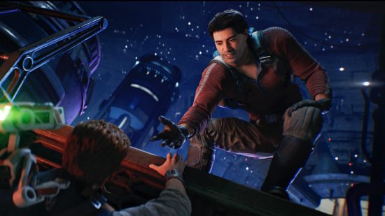 Star Wars Jedi Survivor release date delayed - A man in a long-sleeved red jogging shirt leans over the edge of an industrial structure to give Cal Kestis a helping hand up as he clings to the edge