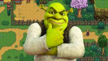 Stardew Valley mod lets you live in Shrek’s swamp and in Shrek’s house. A smiling green ogre, Shrek, against the backdrop of life game Stardew Valley