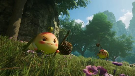 Steam Chinese New Year sale: A cute round yellow creature stands under a tree, it's yellow with touches of red on its cheeks and head, and it holds a stick with a thorny nut husk tied to the end