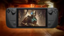 Steam Deck with Dead Space remake artwork on screen and environment backdrop