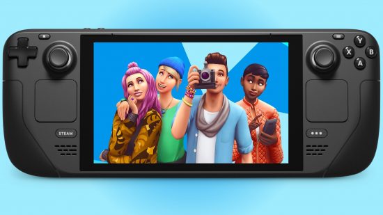 Sims 4 characters on a Steam Deck, against a two-tone blue background