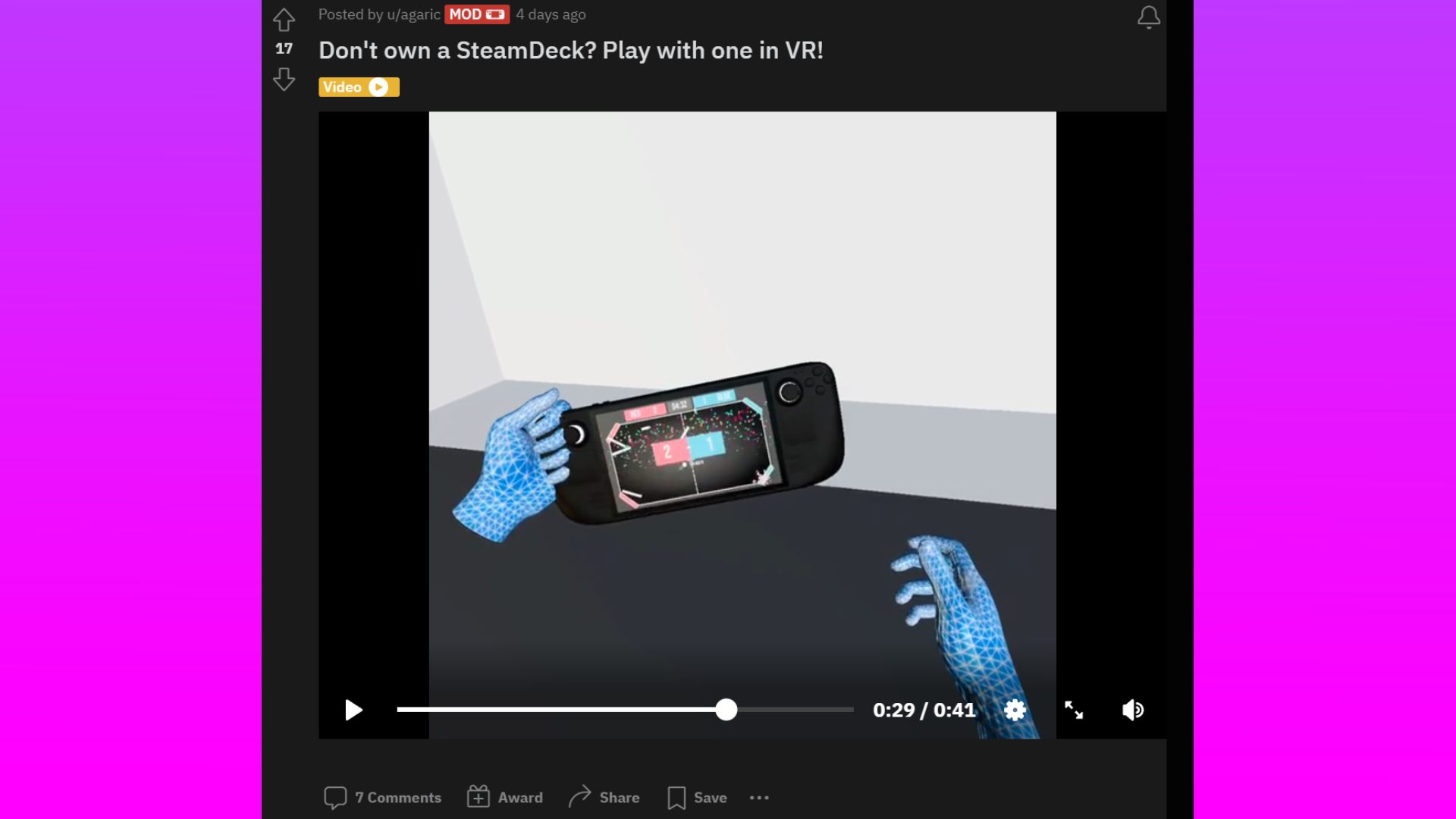 Image of Reddit post with Steam Deck VR footage