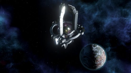 Stellaris First Contact story pack: A strange alien artifact suspended in space near a rocky planet tinged with green and swathed in swirling cloud masses