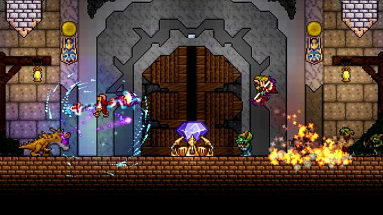 Terraria cross play - several players fight together around a large purple crystal outside the doors of a castle