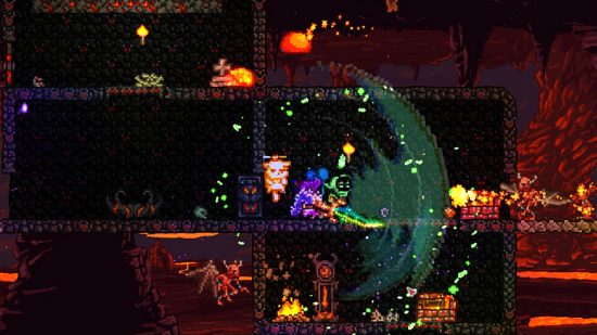 Terraria item loadouts - a character fights enemies in the underworld