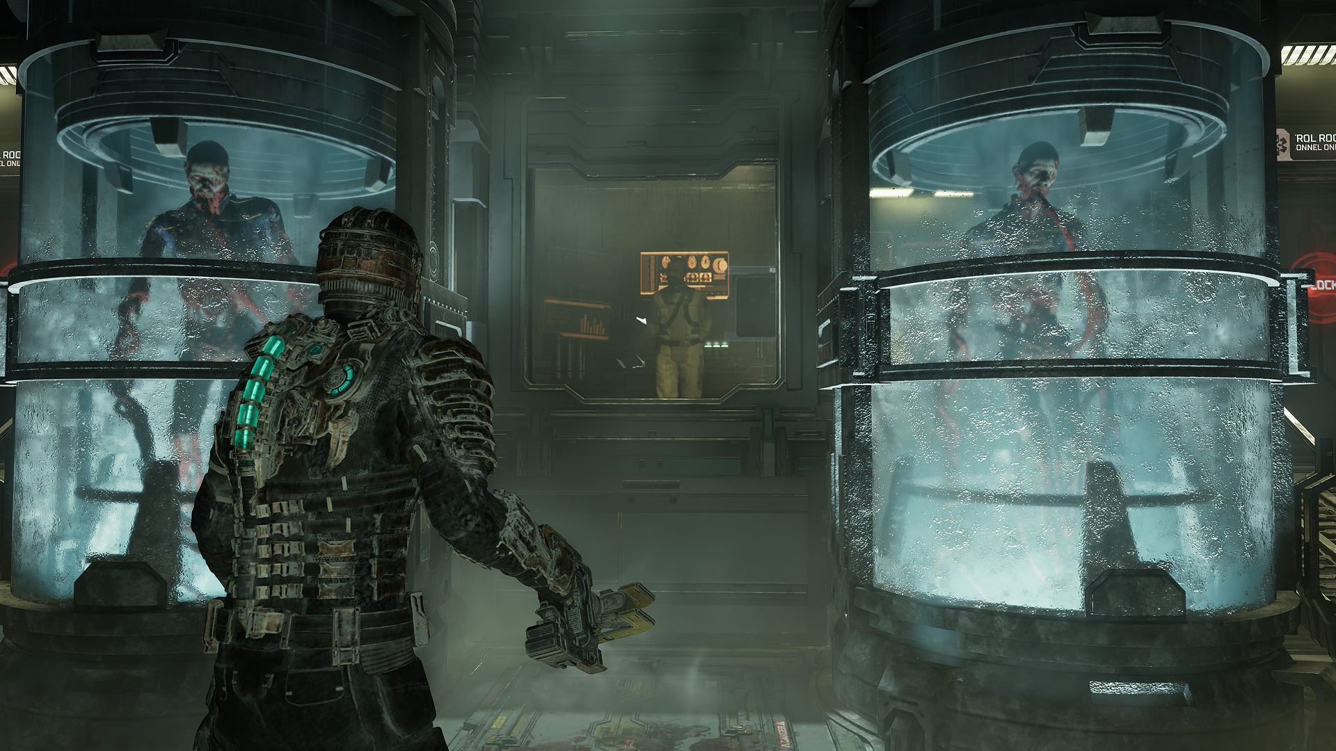 The best Dead Space Remake settings: Isaac Clarke standing next to two Necromorphs in containers