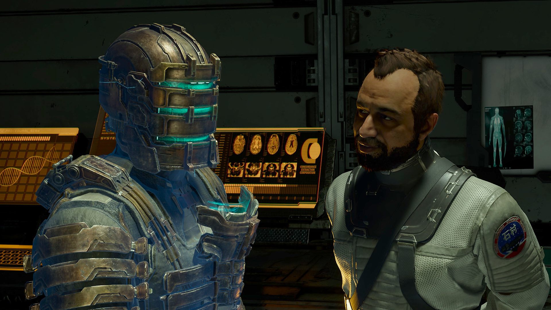 The best Dead Space settings: Isaac Clarke standing next to Dr Mercer