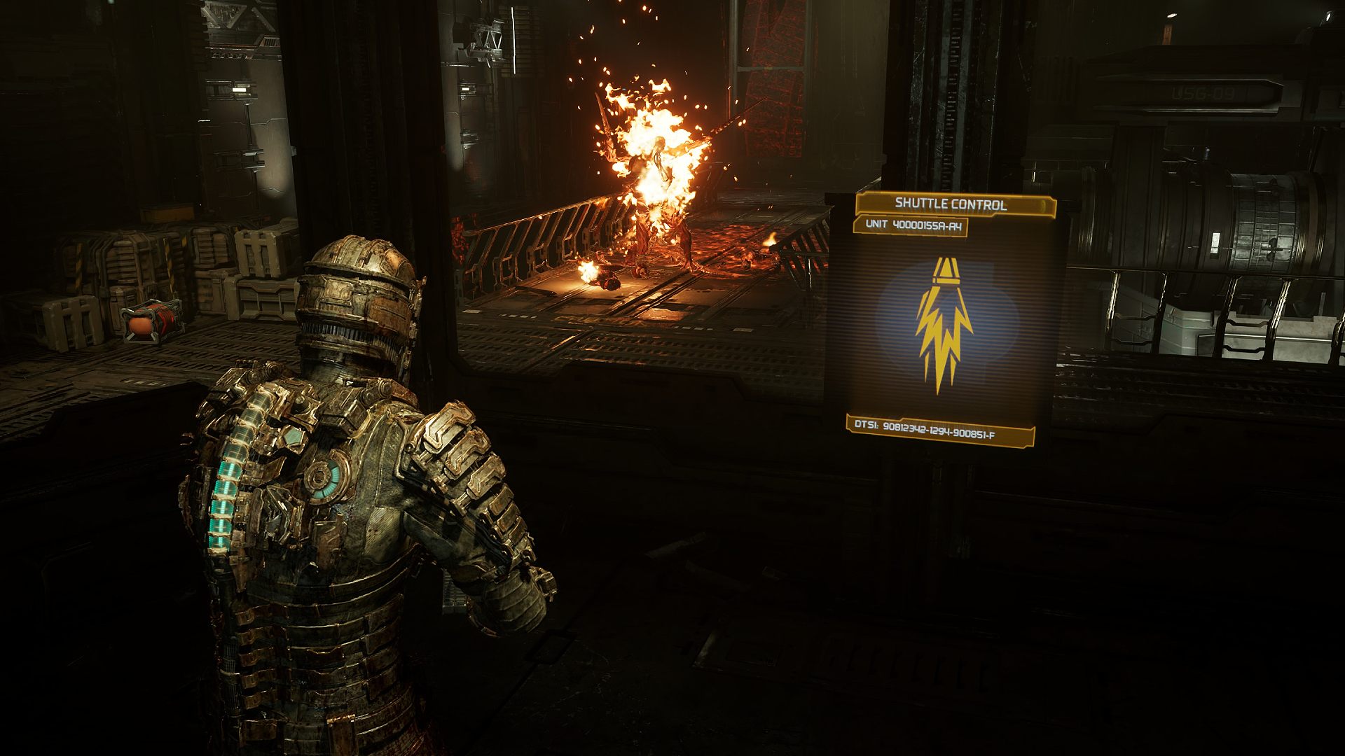 The best Dead Space Remake settings: Isaac Clarke watching a Necromorph burn out of window