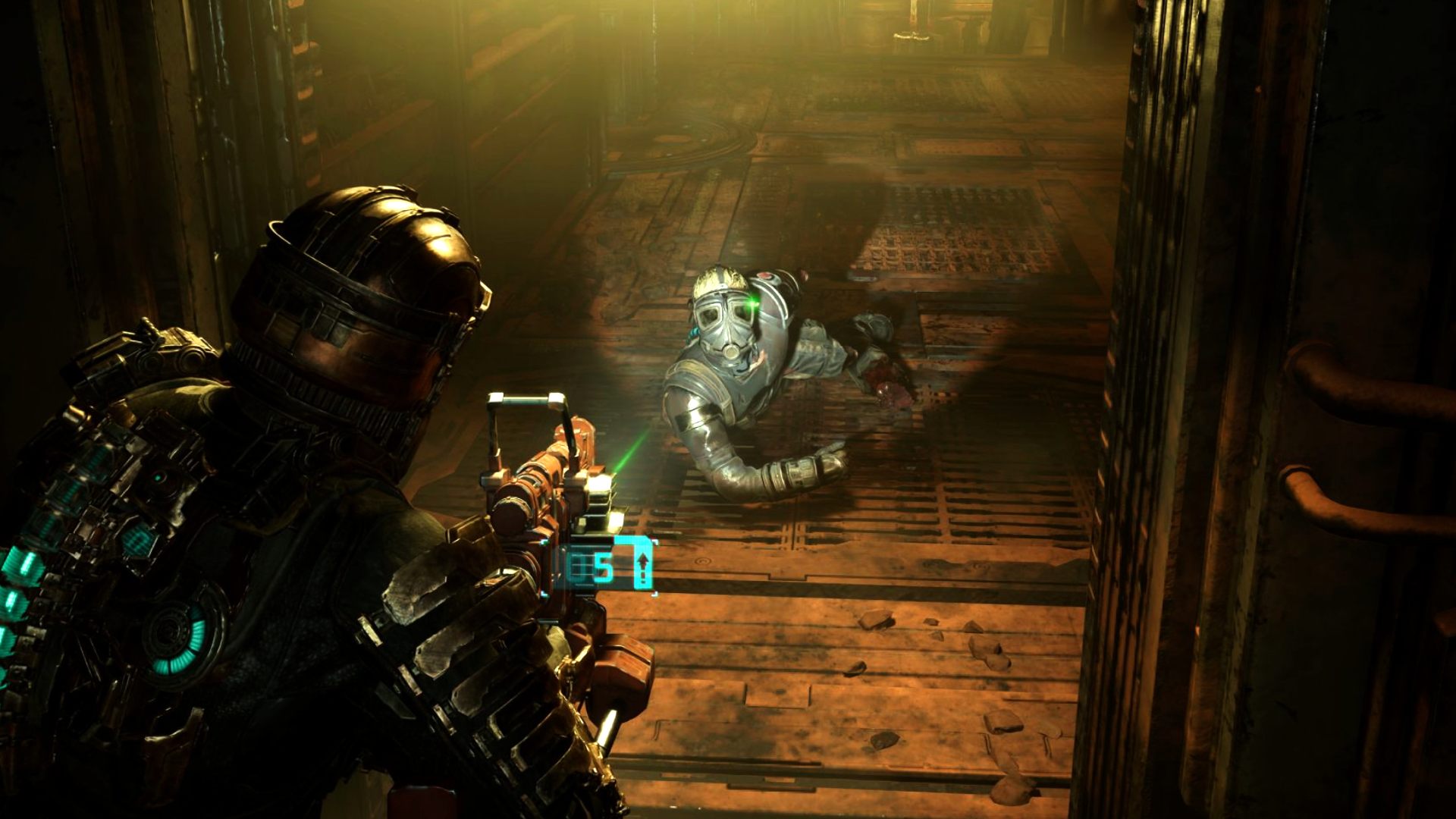 The best Dead Space settings: Isaac pointing gun at crawling soldier 