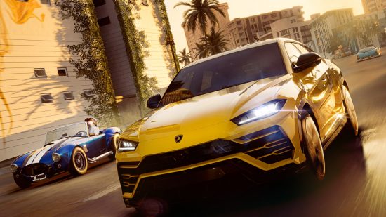 The Crew Motorfest reveal trailer: A yellow Lamborghini crossover SUV streaks through the streets of Honolulu in the early evening