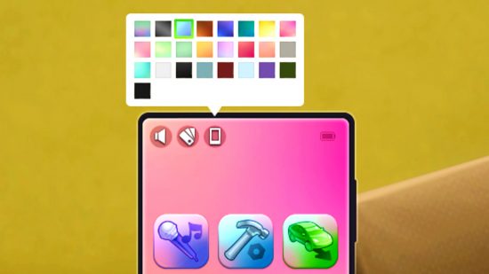 The Sims 4 - close-up of the mobile phone screen showing the customisation tools in the top-left corner of the screen