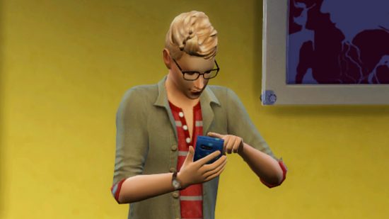 The Sims 4 phone customisation - a character in a red striped top uses a finger to swipe their mobile phone, which is in a blue case with a polka dot design