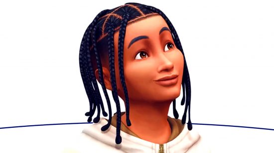 The Sims 4 infant update - a child with braided hair looks up thoughtfully