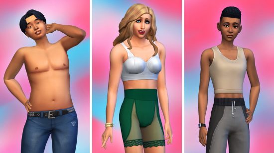 The Sims 4 update: left to right, sims with top surgery scars, shapewear, and a new binder asset