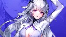 Tower of Fantasy Alyss showcase - a white-haired lady with pinnk eyes in a white and purple outfit