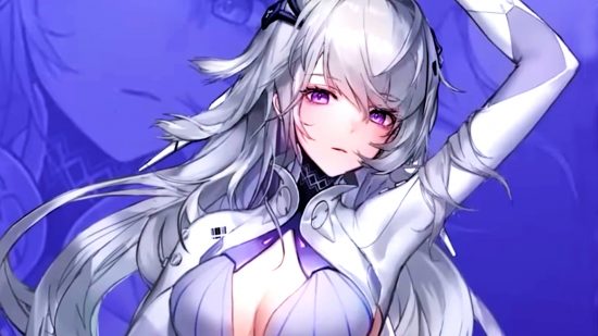 Tower of Fantasy Alyss showcase - a white-haired lady with pinnk eyes in a white and purple outfit
