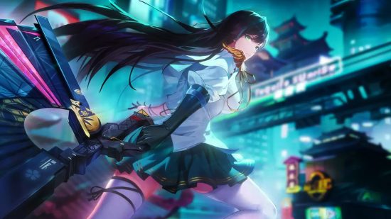 Tower of Fantasy bug report is perfection, but Hotta's reply isn't: An anime girl wearing a white dress with black sleeves and black hair holds a huge fan-like weapon running through dark cyberpunk streets
